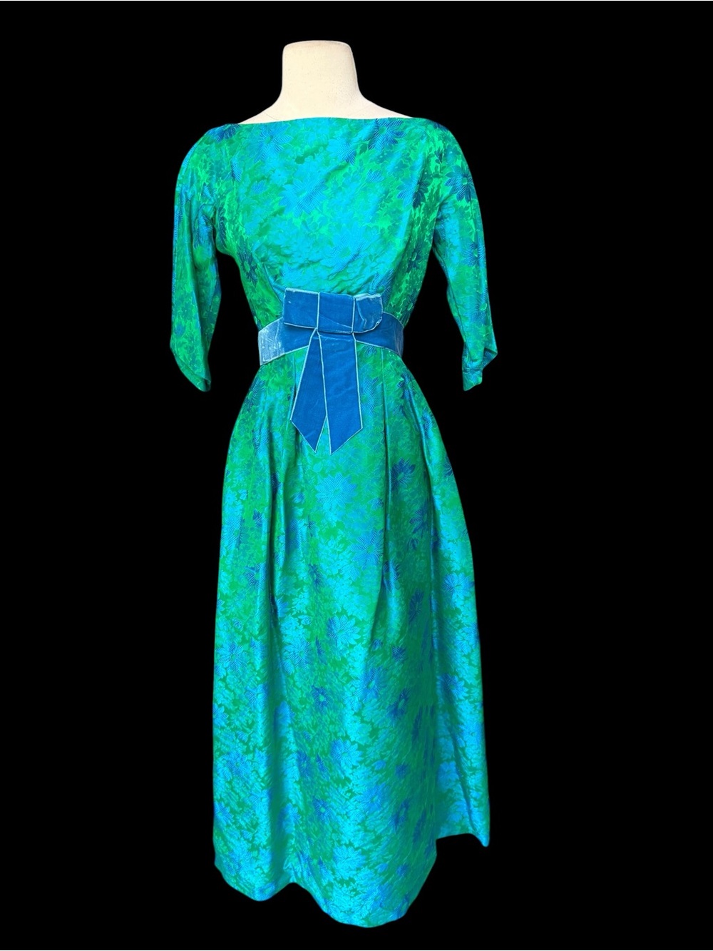Late 50s/Early 60s Peacock Floral Silk Brocade Maxi Cocktail Dress